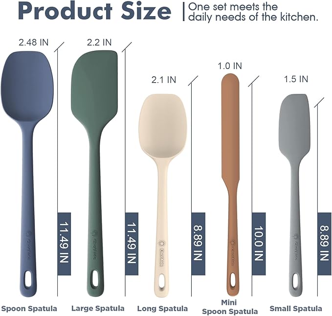 5 Pieces Silicone Spatula Set, Food Grade Rubber Spatula, Upgrade Strong Handle with Ergonomic Grip, Heat Resistant Up to 600°F for Nonstick Cookware, Cooking