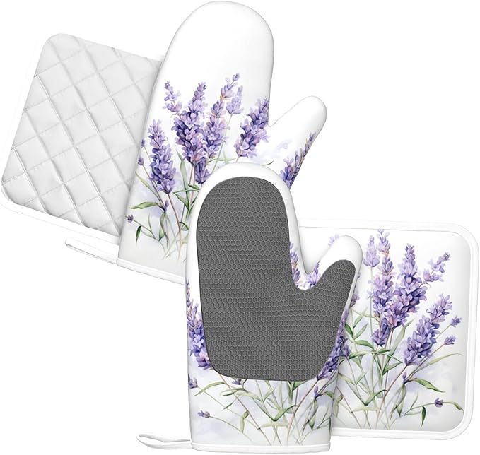 Oven Mitts and Pot Holders Lavender Watercolor Flower Floral Silicone Kitchen Accessories Set of 4 Heat Resistant Long Gloves Potholder Non-Slip Grip for Chef Cooking Baking Grilling BBQ