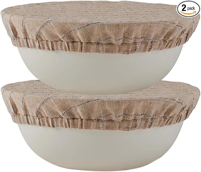 100% Pure Linen Bowl Covers For Bread Proofing, 2 Pcs 8 Inches Elastic Reusable Bowl Covers Large Ticking Striped Cloth Fabric Stretch Sourdough Lids