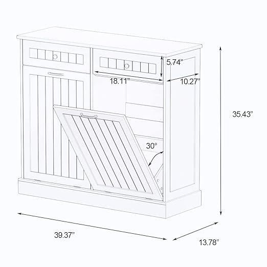 RASOO Double Tilt Out Trash Can Cabinet Freestanding Wooden Kitchen Garbage Trash Can Cabinet with Wood GrainTabletop and 2 Drawers