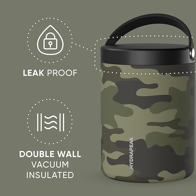 Hydrapeak 32oz Stainless Steel Vacuum Insulated Food Jar | for Hot Food and Cold Food, Wide Mouth Leak-Proof Soup for Adults, 10 Hours Hot and 16 Hours Cold (Camo)