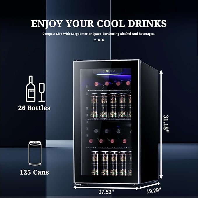 Antarctic Star Wine Cooler 26 Bottle Mini Fridge Drink Refrigerator Small Beer Soda Glass Door Quiet Compressor Freestanding 3.15 Cu.Ft