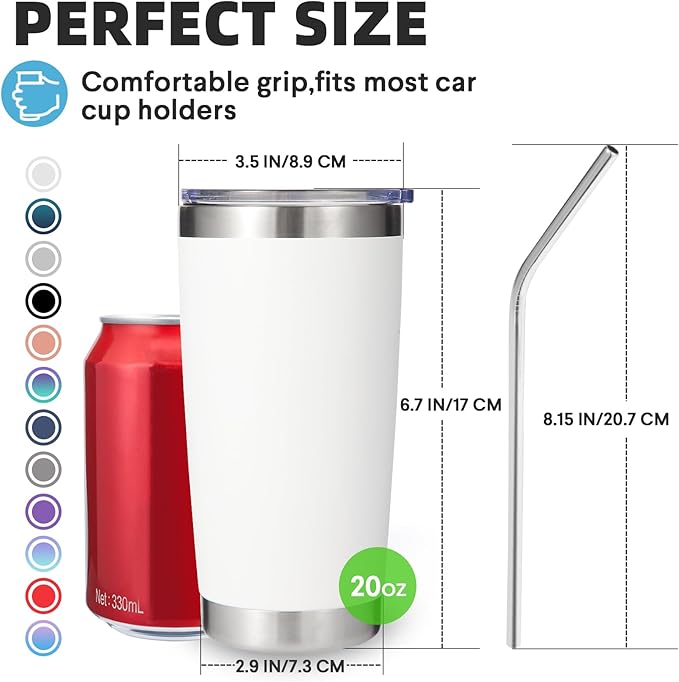 Volhoply 20oz Stainless Steel Tumbler with Lid and Straw Bulk 8 Pack,Double Wall Insulated Travel Iced Coffee Mug Fits Cup holder,Powder Coated Cups for Hot/Cold Drinks,Gifts for Women（White,8 Set）