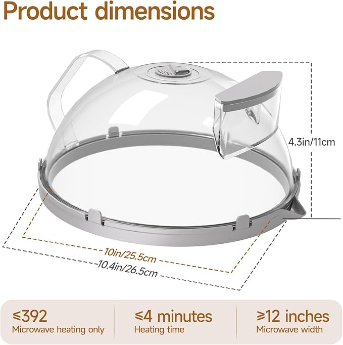 12" Microwave Splatter Cover with Water Steamer, Microwave Cover for Food, Dome Splatter Guard with Hanging Hole, Easy Clean & Space Saving Hanging Design