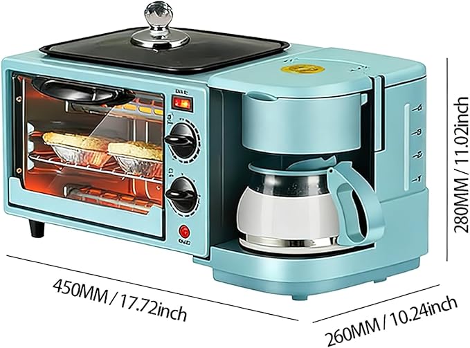 9L, 3-in-1 multifunctional home breakfast machine, mini oven, coffee machine, with timer, visible window, Lid crystal handle (Blue)