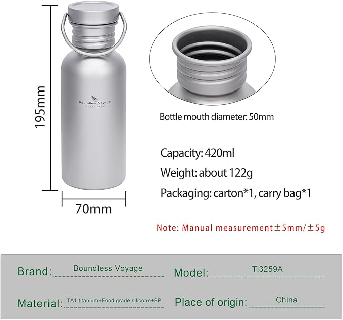 Boundless Voyage Titanium Water Bottle with Lid Wide Mouth Leak-Proof Reusable Sport Drinking Bottle for Camping Hiking Picnic Climbing Running Tea Coffee (420ml)