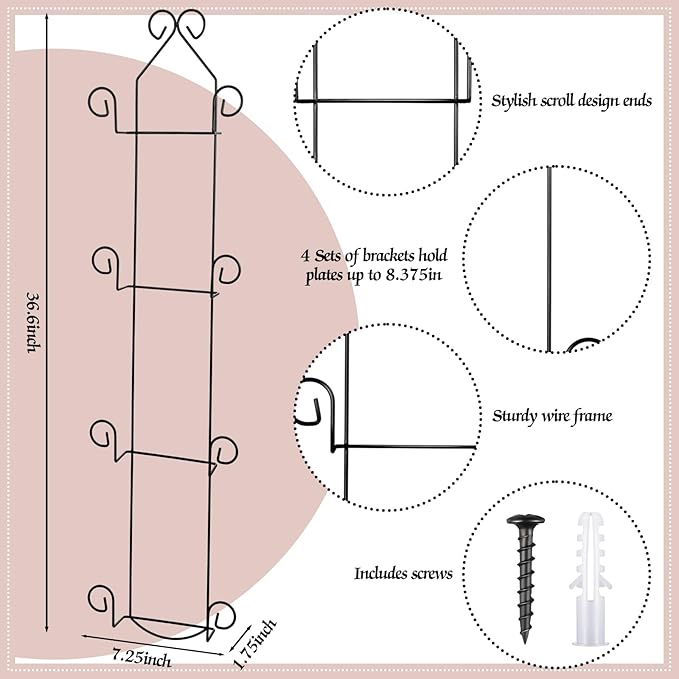 Menkxi 2 Pcs Plate Rack for Wall Vertical Vintage Wall Plate Holder Decorative for Display Hanger Brackets Mount Rack Arts with Screw and Nut Fittings for Display Dishes Picture Frame(4 Tier,Black)