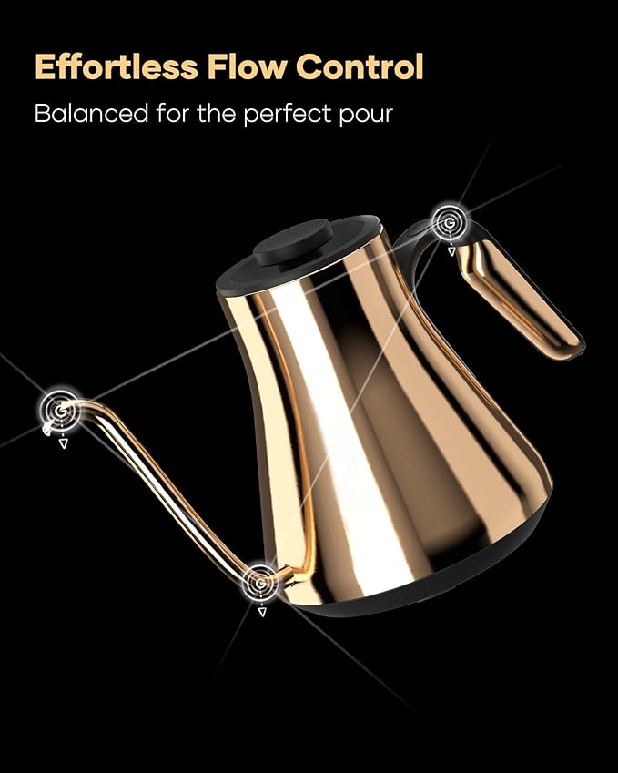 Cocinare Barista Collection Gooseneck Electric Kettle for Pour Over Coffee & Tea, ±1°F Temperature Control, 1500W Fast Heating, Keep Warm, Brew Timer, Stainless Steel Interior, 0.9L (Gustav Gold)