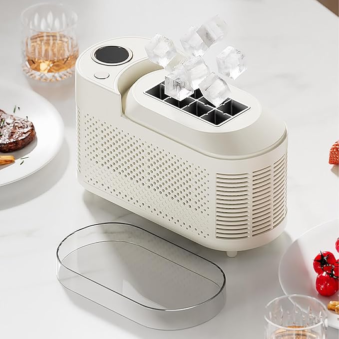 Mini Ice Maker Machine Counter Top for Home Office, Portable Clear Ice Cube Maker, 8 Cubes in 10 Mins, Low Noise, Easy Cleaning (White Car Power Cable)