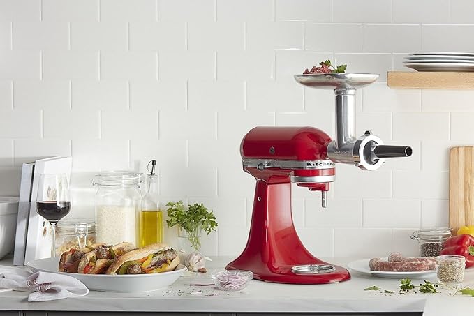 KitchenAid® 7 Quart Bowl-Lift Stand Mixer, Candy Apple Red & KSMMGA Metal Food Grinder Attachment, Silver
