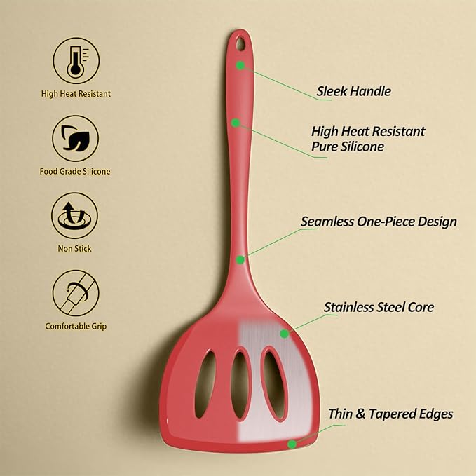 Silicone Pancake Spatula Turner with Lengthened Handle& Seamless Design, Heat Resistant Slotted Flipper for Nonstick Cookware, Large Flexible Kitchen Utensils for Egg, Pancake, Burger, Red