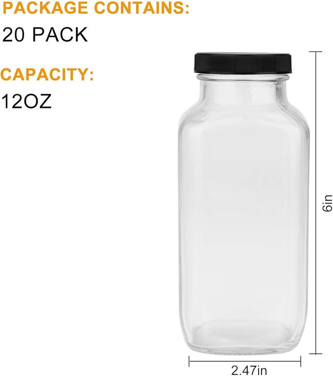 Encheng Beverages Drinking Bottles 12oz,Glass Water Botttle with Lids,Octagonal Vintage 350ml,Juice Bottles for Storage Tea,Kombucha,Milk Smoothies Jars 20Pack