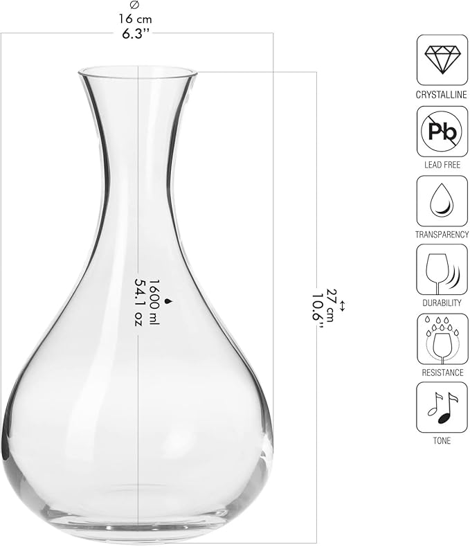 Krosno Elegant Wine Decanter, 54.1 oz, Harmony Collection, Accessory for Wine Lovers, Lead-free Crystal Glass Wine Decanters and Carafes, Red Wine Pitcher, Made in Europe