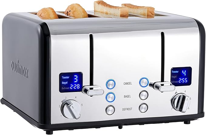 CUSIMAX 4 Slice Toaster, Ultra-Clear LED Display & Extra Wide Slots, Stainless Steel Toaster with Dual Control Panels of 6 Shade Settings, Cancel/Bagel/Defrost Function, Removable Crumb Trays, Black