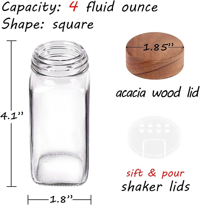 Churboro 24 Spice Jars with 547 Labels - Glass Spice Jars with Shaker Lids - 4 Oz Square Spice Containers with Acacia Wood Lids, Chalk Pen, Funnel- Seasoning Jars for Spice Rack, Cabinet, or Drawer