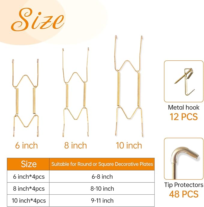 Bilillo 12 Pieces Invisible Wall Plate Hangers 6/8/10 Inches Wall Plate Hangers Stainless Steel Decorative with 12 Pieces Hook with Nails Suitable for 6-11 inch Decorative Antique and Arts(Gold)