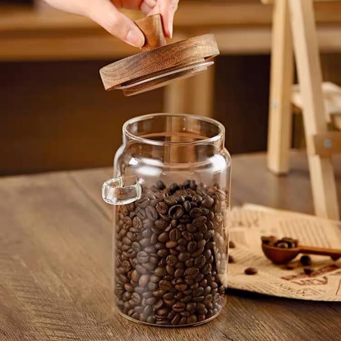 ANSQU Set of 2 Glass Food Storage Jars with Bamboo Wood Lid and Spoon, 20.3oz Glass Kitchen Canisters for Coffee, Tea, Cereal, Spice and Canning, Mason Jars, Gratitude Jar for Mother' Day