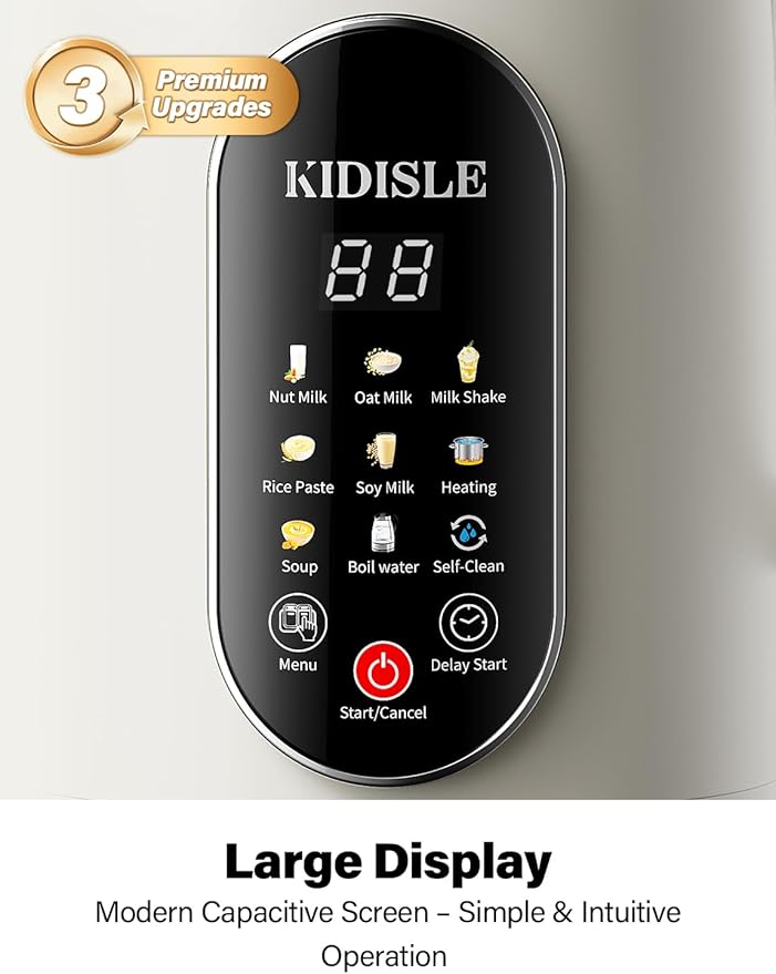 KIDISLE Nut Milk Maker Machine 51oz, 10-in-1 Soup Maker with 140℉ Heating & 8H Keep Warm, Touch Screen Plant-Based Milk Maker for Almond, Oat & Soy, 12H Delay Start & Self-Clean, Noise Reduction