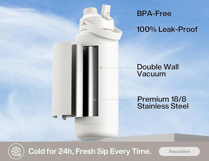POWCAN 40 oz Insulated Water Bottle with 2-in-1 Straw and Spout Lid, Keep Cold 24H, Leak-Proof, BPA-Free, Double Wall Stainless Steel Water Bottle for Sports, Gym, Travel, and School (Ivory)