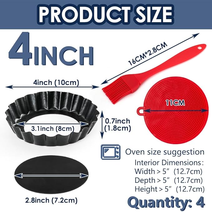 4 Pack 4 Inch Mini Tart Pans with Removable Bottom, Nonstick Quiche Pan Round, Mini Pie Pans with Oil Brush&Silicone Scrubber, Heavy Duty Fluted Side for Pies, Mousse Cakes, Dessert Baking