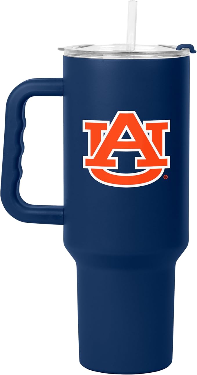 Logo Brands NCAA 40 oz Tumbler with Handle -Stainless Steel Insulated Travel Tumbler with Straw Lid – Powder Coated, Leak-Resistant, Keeps Drinks Hot/Cold – Great for Tailgating, or Everyday Use