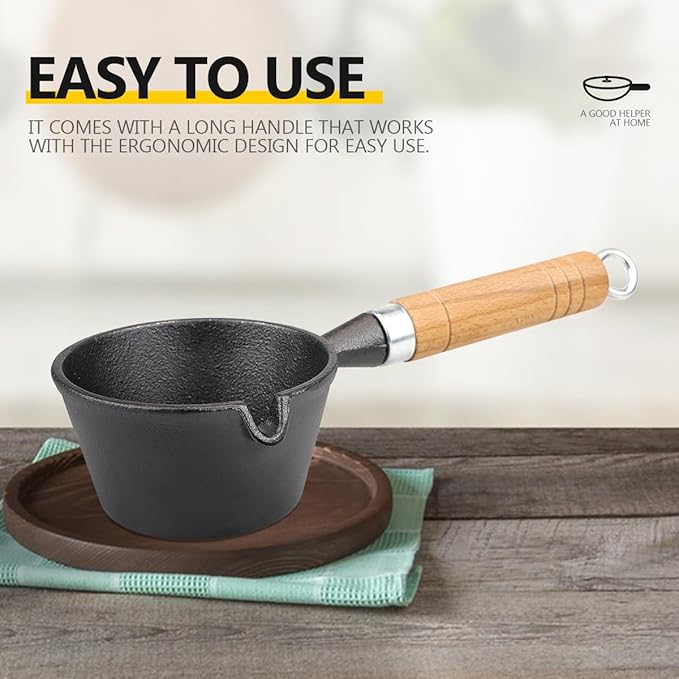 Cast Iron Pot, Egg Frying Pan Butter Warme Iron Oil Heating Pot with Wooden Handle for Kitchens Cooking, 4.3x10.8 Inch