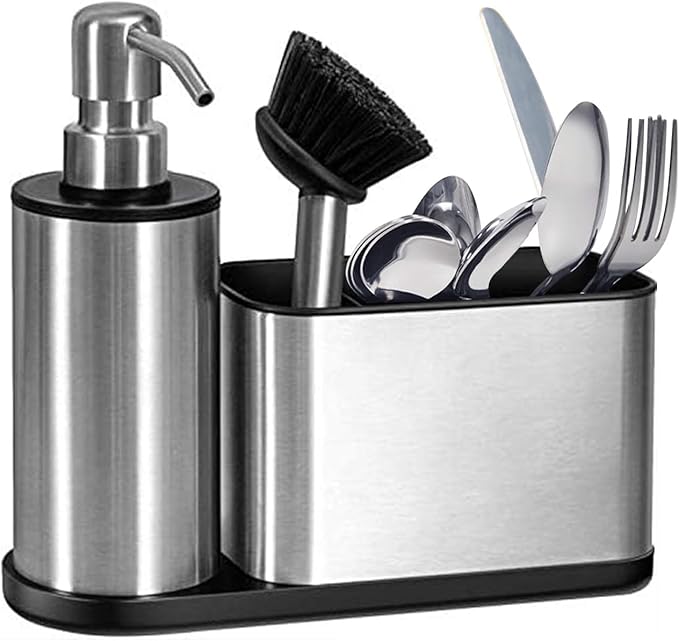 Kitchen Dish Soap Dispensers, Bathroom Soap Dispensers with Storage and Brush, Stainless Steel Sink Organizer with Caddy, Sponge Holder for Countertop Kitchen Bathroom