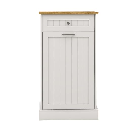 Wooden Simple Style Kitchen Trash Cabinet, Wooden Frame with Drawers and Tilt-Out Trash Cabinet for 10 Gallon Trash Cans 19.69'' W x 13.78'' D x 35.43'' H (White-021)