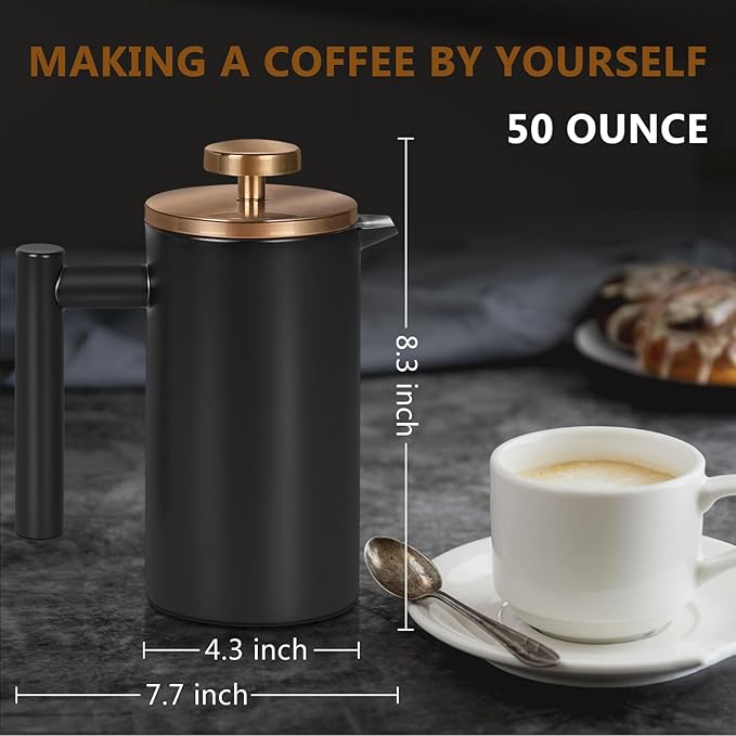 Black Large French Press Coffee Maker 50oz, Double Wall Insulated French Press Stainless Steel,for Coffee&Tea,with 3 Extra Screens and a Coffee Spoon, 50oz/1500ml, Gold