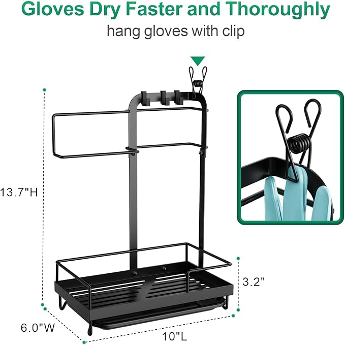 GSlife Sink Caddy Kitchen Sink Organizer - Large All-in-One Sponge Holder with Towel Holder, Rust Resistant Countertop Caddy with Drip Tray and Hooks for Brush, Gloves, Drying Hanger, Black