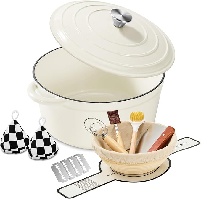 Enameled Cast Iron Dutch Oven with Lid -6.5 QT, incl. Sourdough Bread-Baking Supplies like Banneton Proofing Basket, Heavy Duty Cookware Bread-Oven for Baking, Stews, and Roasting, Cream White