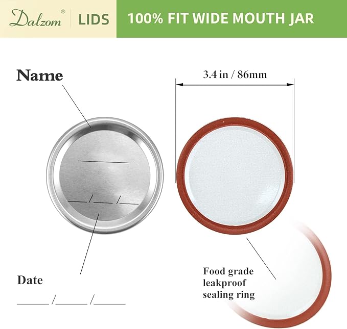 Dalzom® 72Pcs Canning Lids Wide Mouth, Premium Mason Jar Lids for Ball, Kerr Jars - Food Grade Material, 100% Fit & Airtight for Wide Mouth Mason Jars