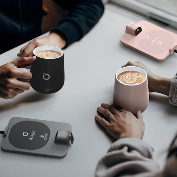 2Pcs Heated Coffee Mug Warmer & Mug Set - Heated Mug Warmer Plates with Auto Shut Off, 1°F Precise Electric Coffee Warmer Plates for Desk, Valentine's Day Gift for Couple, Dark Grey and Pink