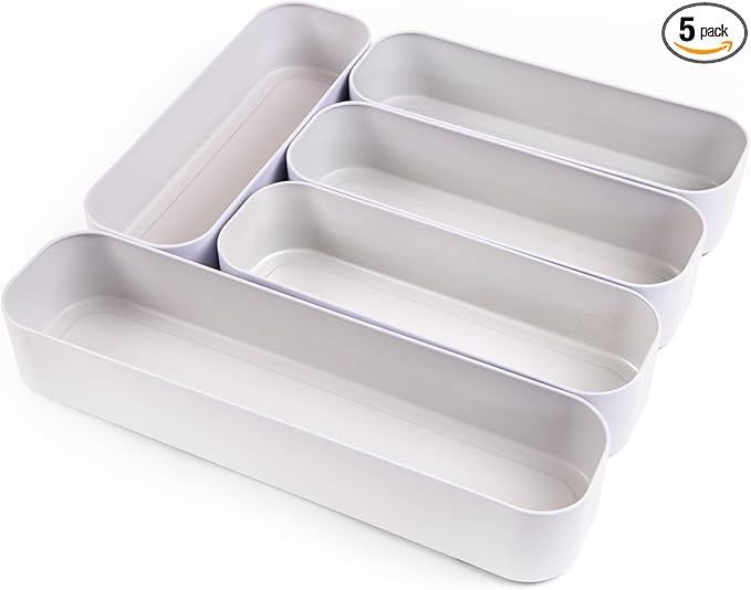 Three by Three Seattle 5-Piece Metal Stacking Drawer Organizers – Large, 2" Deep, Food-Safe (French Gray) – Stylish Kitchen Drawer Storage
