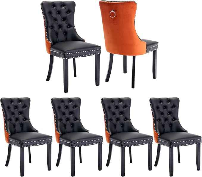 Dining Chairs Set of 6, Upholstered Dining Room Chairs with Back Ring Pull Trim and Solid Wood Legs, Modern Tufted Kitchen Chairs Perfect for Dining Room, Black Pu Leather Splicing Orange Velvet