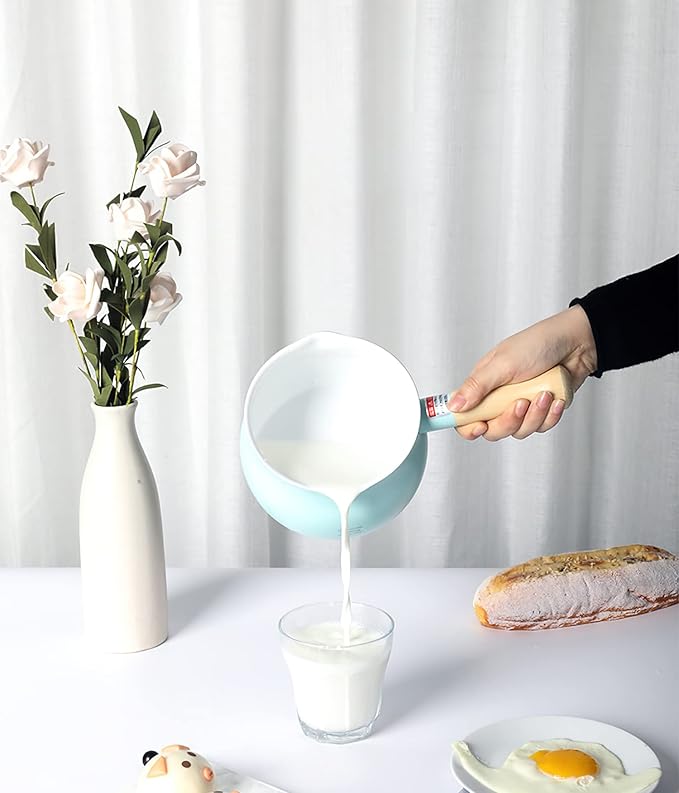 1.2L beige small milk pot with lid cute wooden handle household non-stick pan hot milk baby baby food supplement pot noodle soup pot(size: 5.1 inches long x 3.5 inches high)