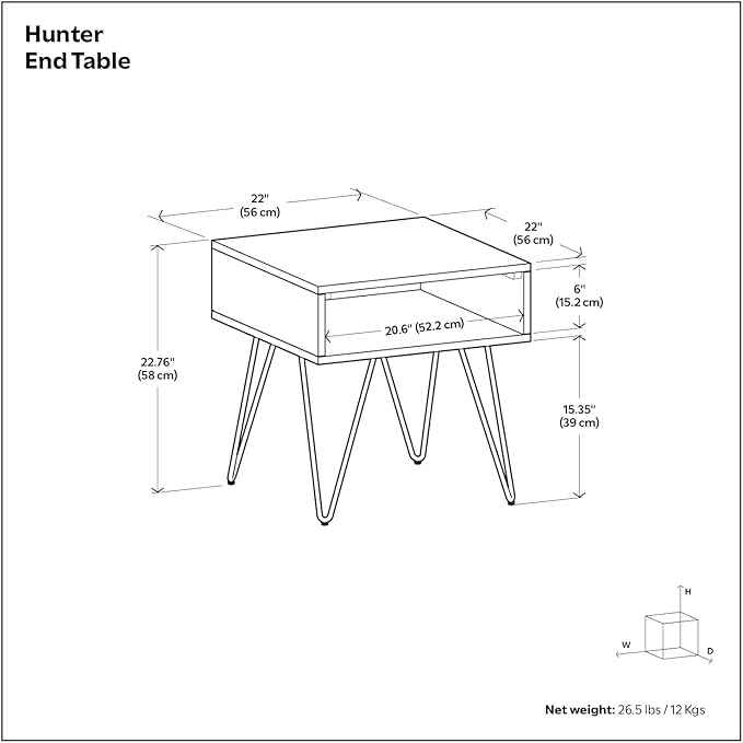 SIMPLIHOME Hunter End Table - 22 inch Wide Solid Wood Oak Veneer and Metal Square Accent Table with Open Storage Compartment and Hairpin Legs, Industrial Nightstand for Living Room or Bedroom