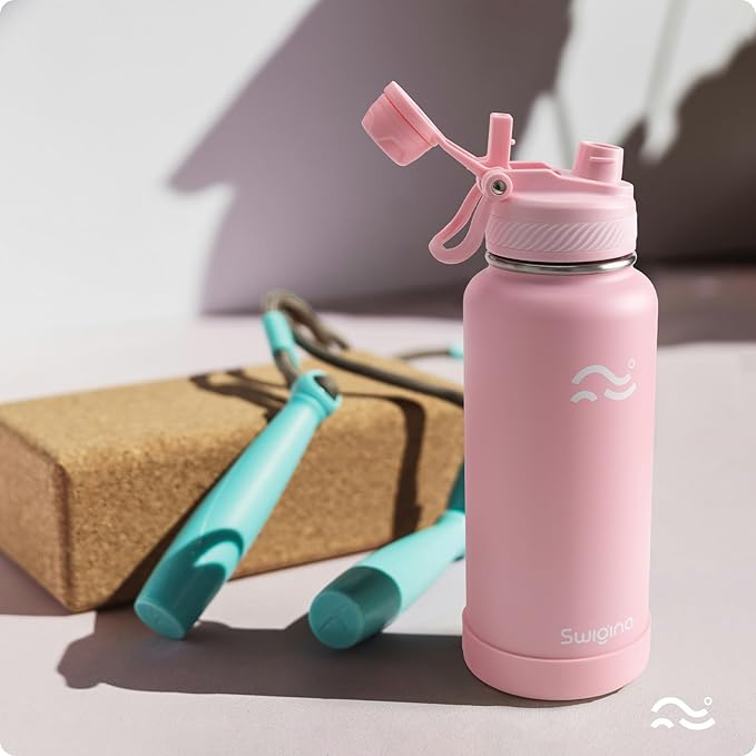 Swigina [2-IN-1 LID] Insulated Water Bottle with Silicone Boot (36hrs Cold/18hrs Hot) - DIY Stickers, Leakproof, BPA Free, 32 oz