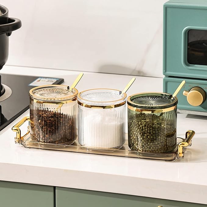 Acrylic Condiment Spice Jars,Condiment Spice Box With Lids and Spoons and Tray,Clear Plastic Condiment Canisters,Seasoning Box 6 Pack,Seasoning Box Set for Kitchen to Storage Salt,Paprika,Sugar