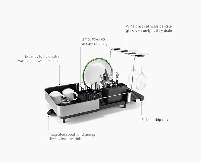 Joseph Joseph Extend Steel Plus Extendable Dish Rack Steel, Small to Large Dish Drainer with Wine Glass Holder & Drain Spout, Black