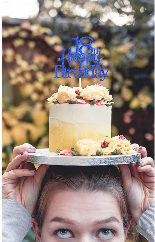 Glittery 18th Happy Birthday Cake Topper with Star,Personalised 18 Birthday Cake Toppers Party Decorations Party Supplies for Boys Girls Blue