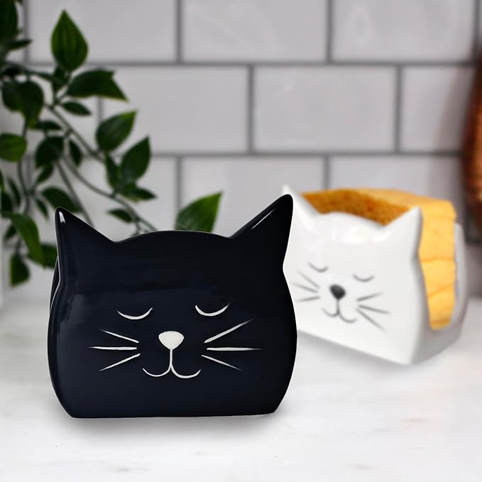 Sponge Holder for Countertop 2PCS Ceramic Sponge Caddy Cat Shape Cute Scrub Brush Dish Wand Holder for Kitchen Sink Decor Cute Kitchen Storage Accessories Ideal Gifts for Women(Black White)