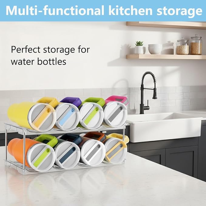 Stackable Water Bottle Organizer for Stanley 40 oz Tumbler, Larger Water Bottle Holder for Kitchen Cabinet, Pantry Organizers and Storage for Stanley Cup and Tumbler Organizer, Hold 16 Bottles