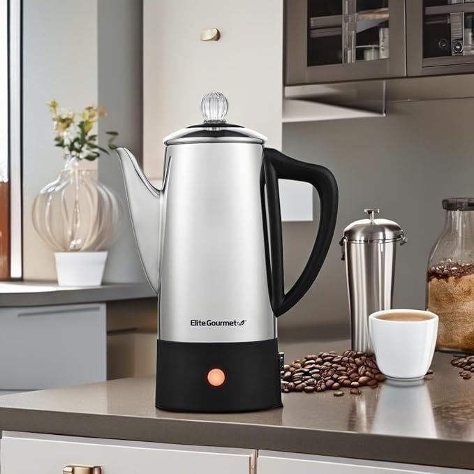 Elite Gourmet 6-Cup Electric Coffee Percolator – Stainless Steel, Fast Brewing, Keep Warm with Auto Shut-Off, Clear Brew Progress Knob, Cordless Serving Base, Reusable Filter, 1000W