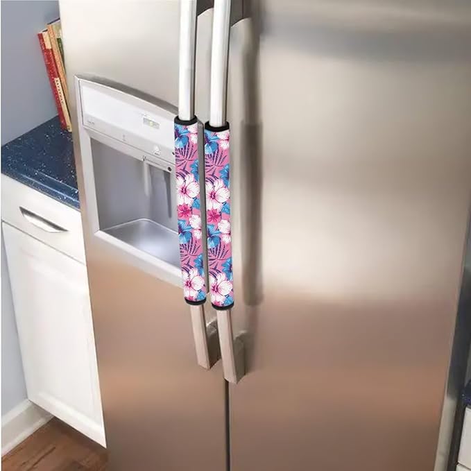 Fridge Door Handle Covers Set of 6 Kitchen Appliance Decor Handles Glove Anti-Slip Protectors Independence Day Refrigerator Decor for Summer, Hawaii Flower Tropical Hibiscus Floral Pink