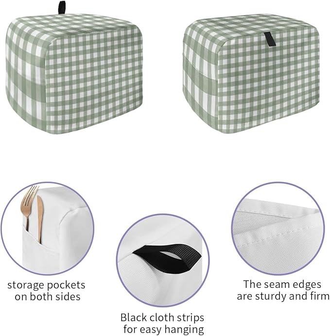 Sage Green Buffalo Plaid Toaster Cover 2 Slice, Small Kitchen Appliance Cover, Farmhouse White Checkered With Loop, Bread Machine Polyester Dust Protection