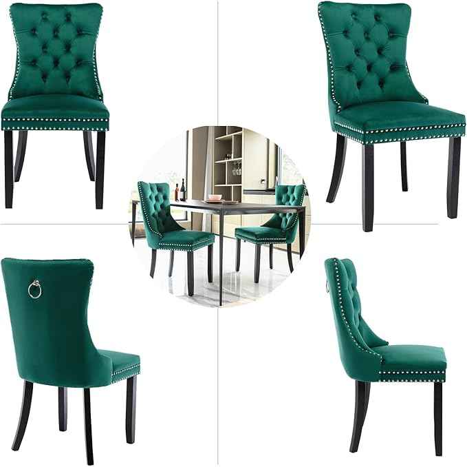 Green Velvet Dining Chairs Set of 4, Upholstered Dining Room Chairs with Back Ring Pull Trim and Solid Wood Legs, Tufted Wingback Kitchen Chairs for Dining Room,Living Room,Kitchen(Green)