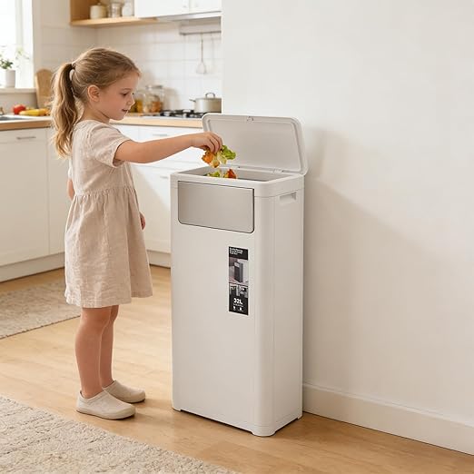 Trash Can with Lid, 8.45 Gallon Trash Bin Cabinet with 2 Openings, Hidden Trash Cabinet, Trash and Recycling Organizer, Garbage Can for Kitchen, Bathroom, Bedroom, Living Room, Office(White)