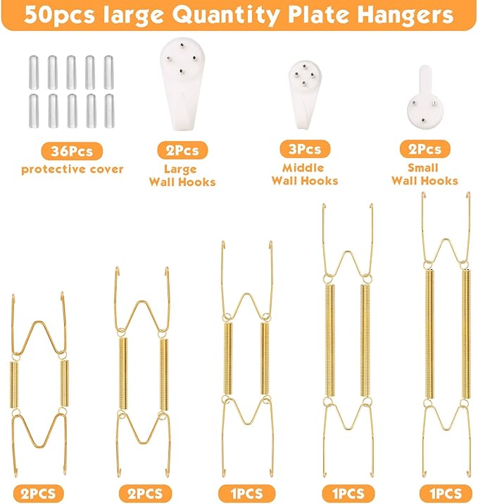 7 pcs Plate Hangers for The Wall, 4/6/8/10/12 Inch Invisible Decorative Wall Plate Hangers, Stainless Steel Plates Walls Hanger for Display Various Sizes with Hooks for Decorative