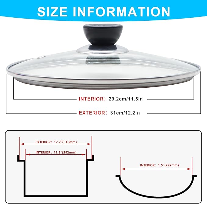 Glass Lid for Frying Pan Tempered Glass Pot Lid with Stainless Steel Rim for 12 Inch Frying Pan Wok Pot Skillet (12 Inch)